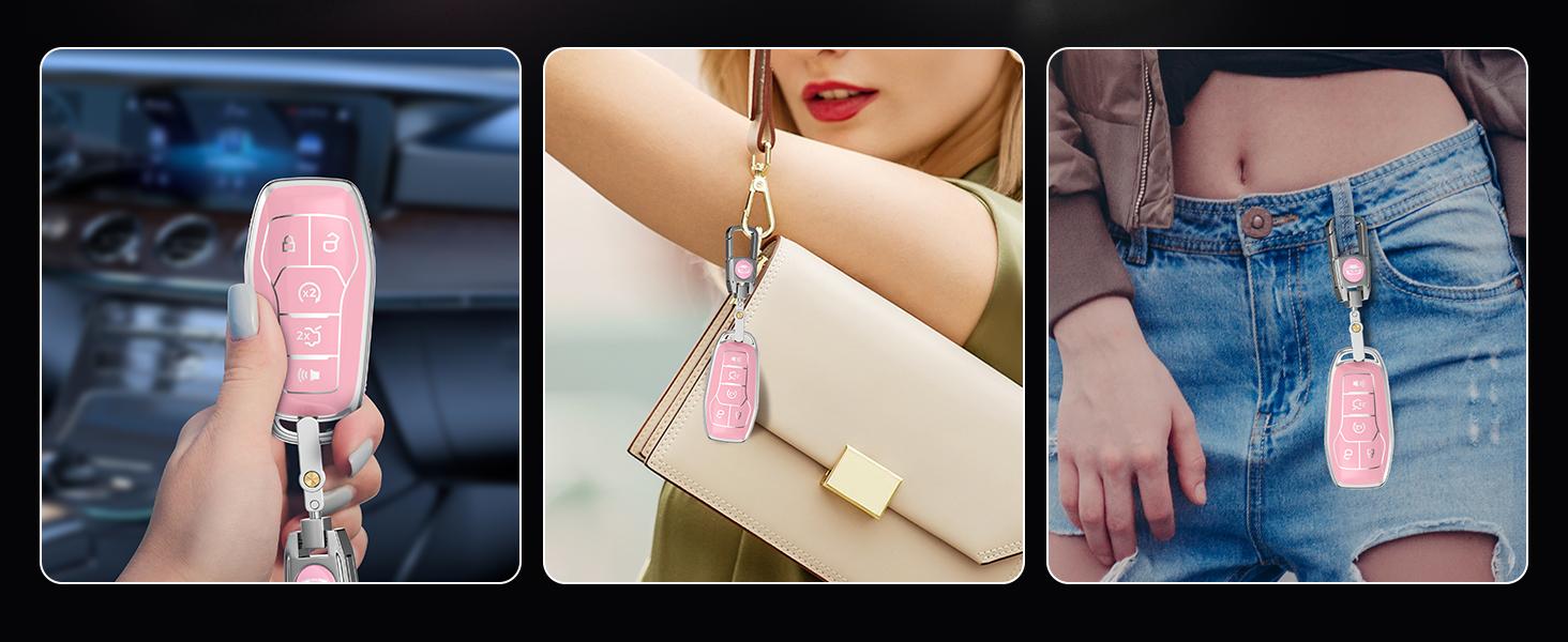 For Ford Key Fob Cover with Keychain.No Screws Required for Installation. Compatible with Ford Fion Mtang F150 Edge Explorer And Lincoln MKZ MKC MKX(Sakura Pink, Model 2)