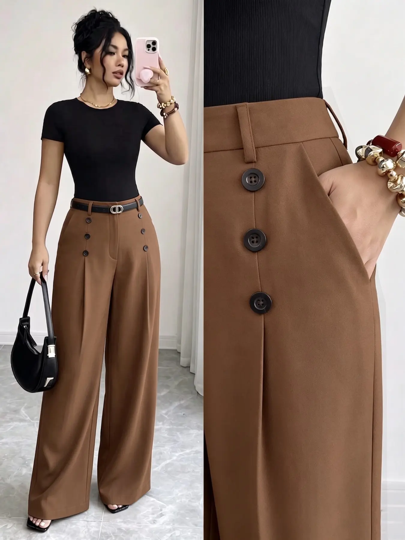 Elegant Office Wide Leg Pants, Waist Elastic Adjustment, Fashion Pleated Straight Leg with Pockets, Modern Workplace Color Block Design