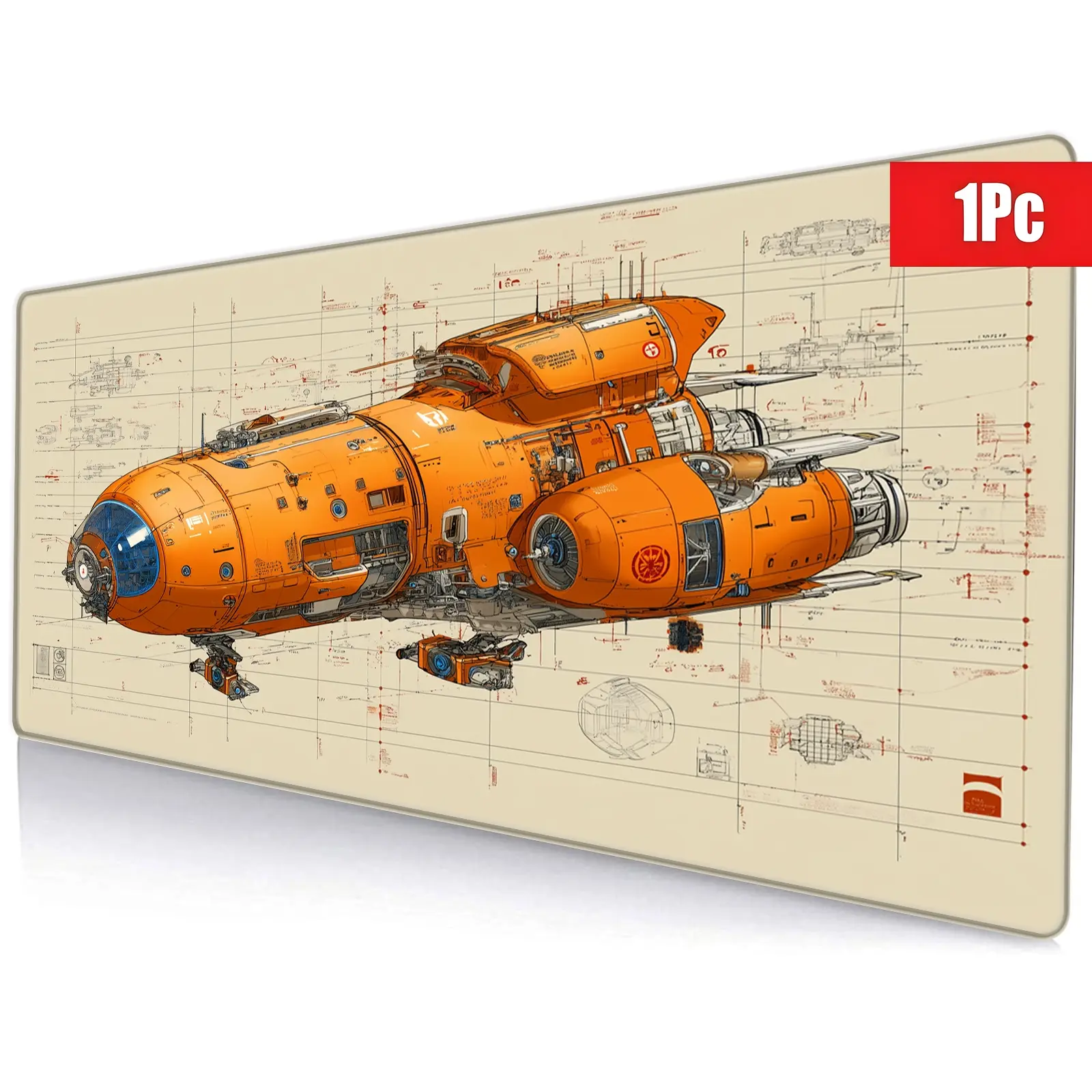 Cyberpunk Spaceship Gaming Mouse Pad, Vibrant Orange with Detailed Blueprint Design, Stitched Edges, Non-Slip Base, 15.7x35.4inch, Ideal for Gamers & Office Use, Makes a Cool Gift for Sci-Fi Fans