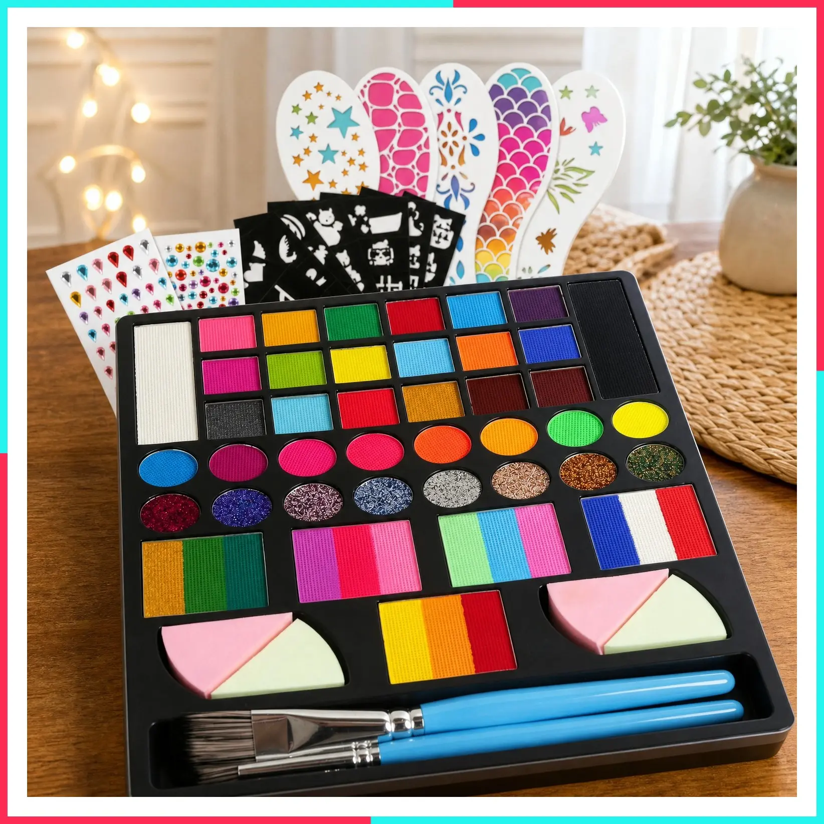 41 Color Face Painting Kit for Kids, Non-Toxic Water Activated Face Paint Palette With Stencils, Brushes, Gems, Professional Face Painting Kit for Halloween Makeup, Cosplay Party, Carnival