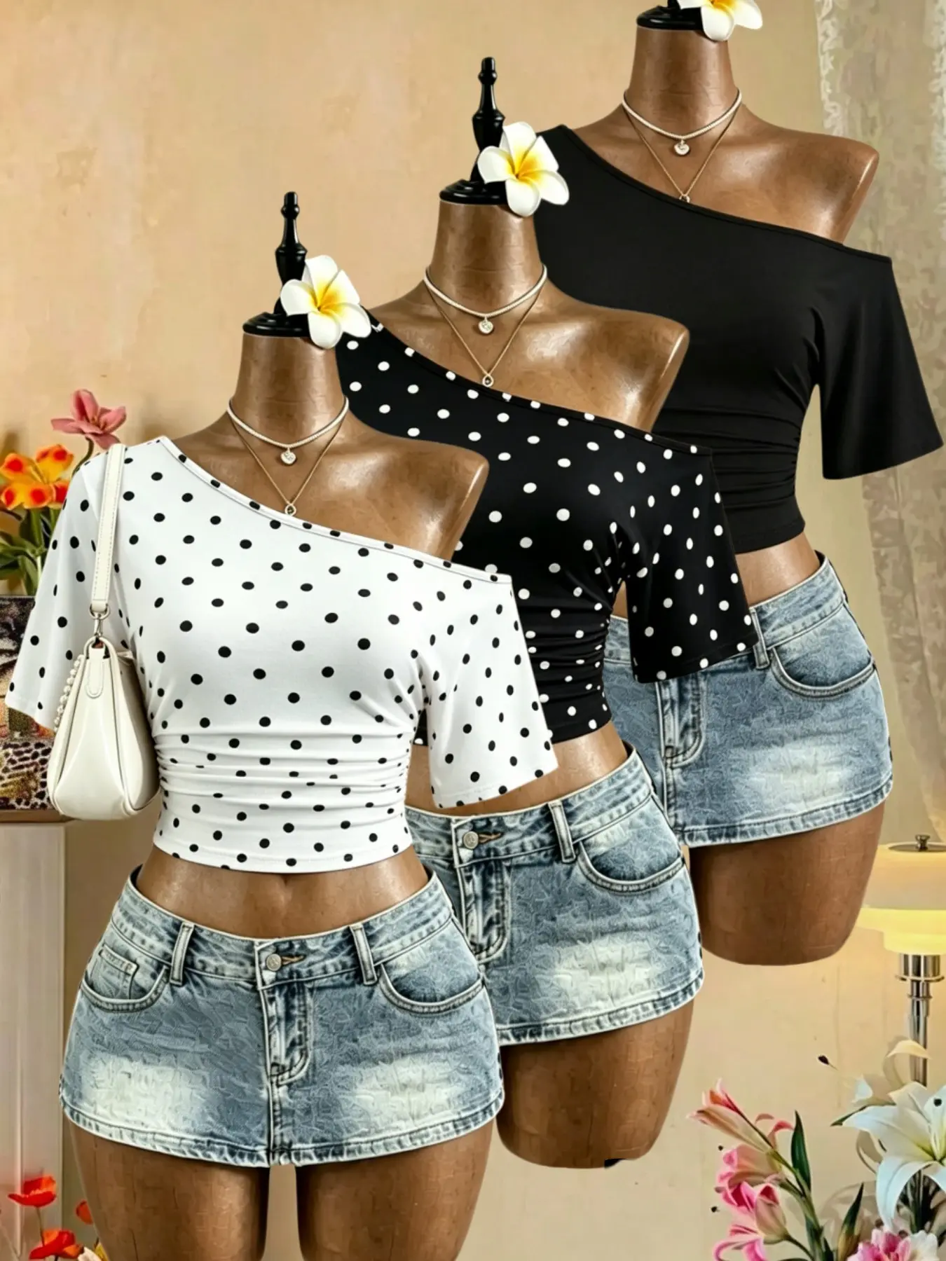 Women's Off-Shoulder Short Sleeve Top Set, Three-Piece, Pleated Side Fit Basic Tee, Casual Solid Summer T-Shirt, Beach Tops, Beach Shirts