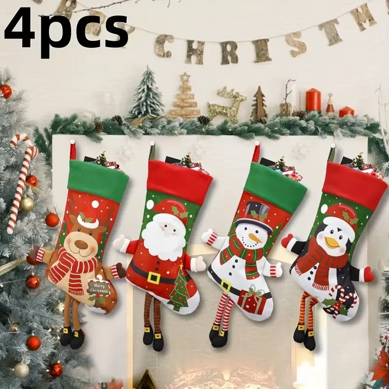4pcs Christmas Large Print Long Leg Gift Sock Hanging Decor, Santa Claus, Snowman, Reindeer, Penguin, Tree Fireplace Ornament, Holiday Theme Decoration