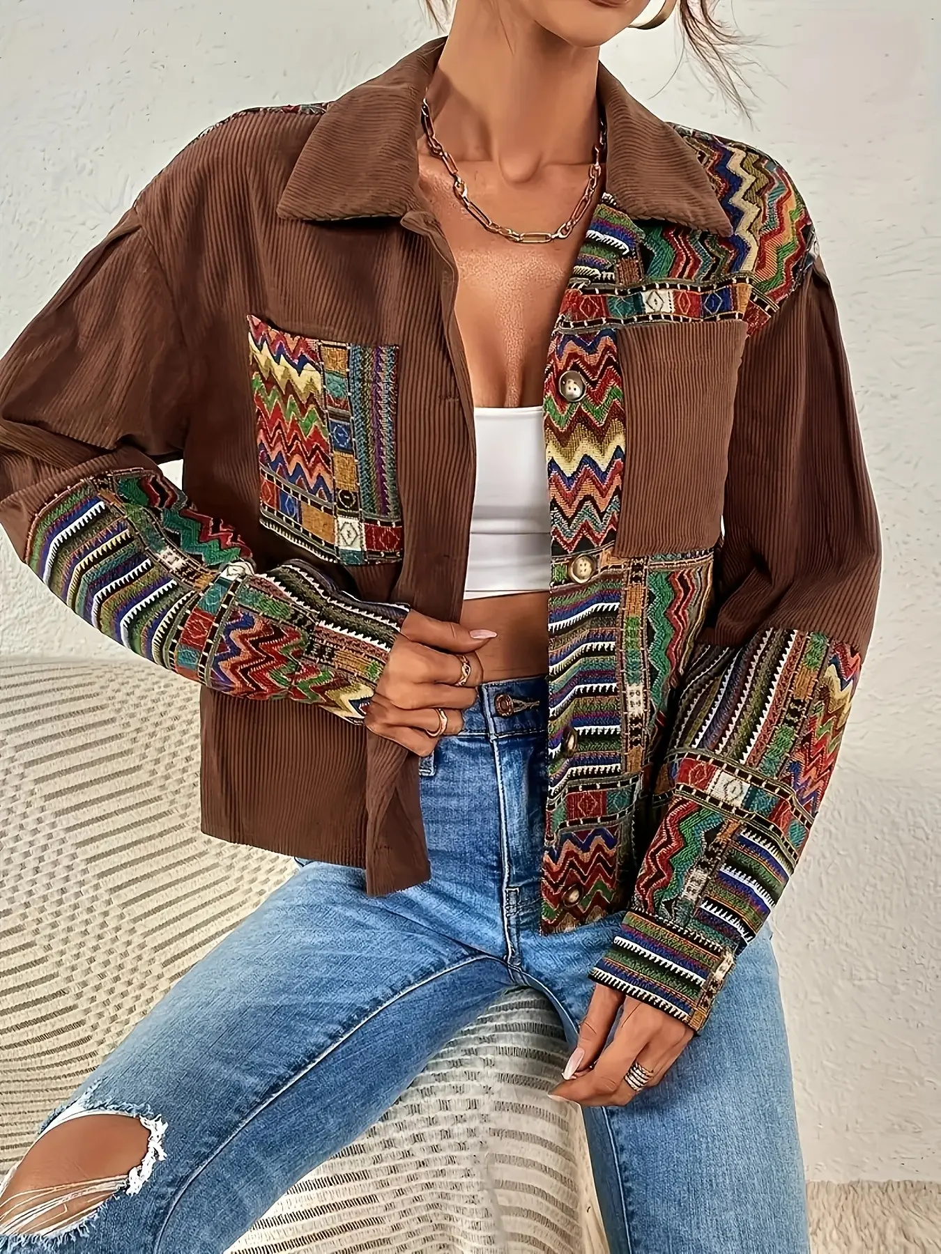 Women's Fashion Floral Shoulderless Velvet Button Jacket, Chic Stylish Casual Ladies' Clothing, Trendy Outerwear for Daily Wear, Perfect for Spring & Fall, Coats