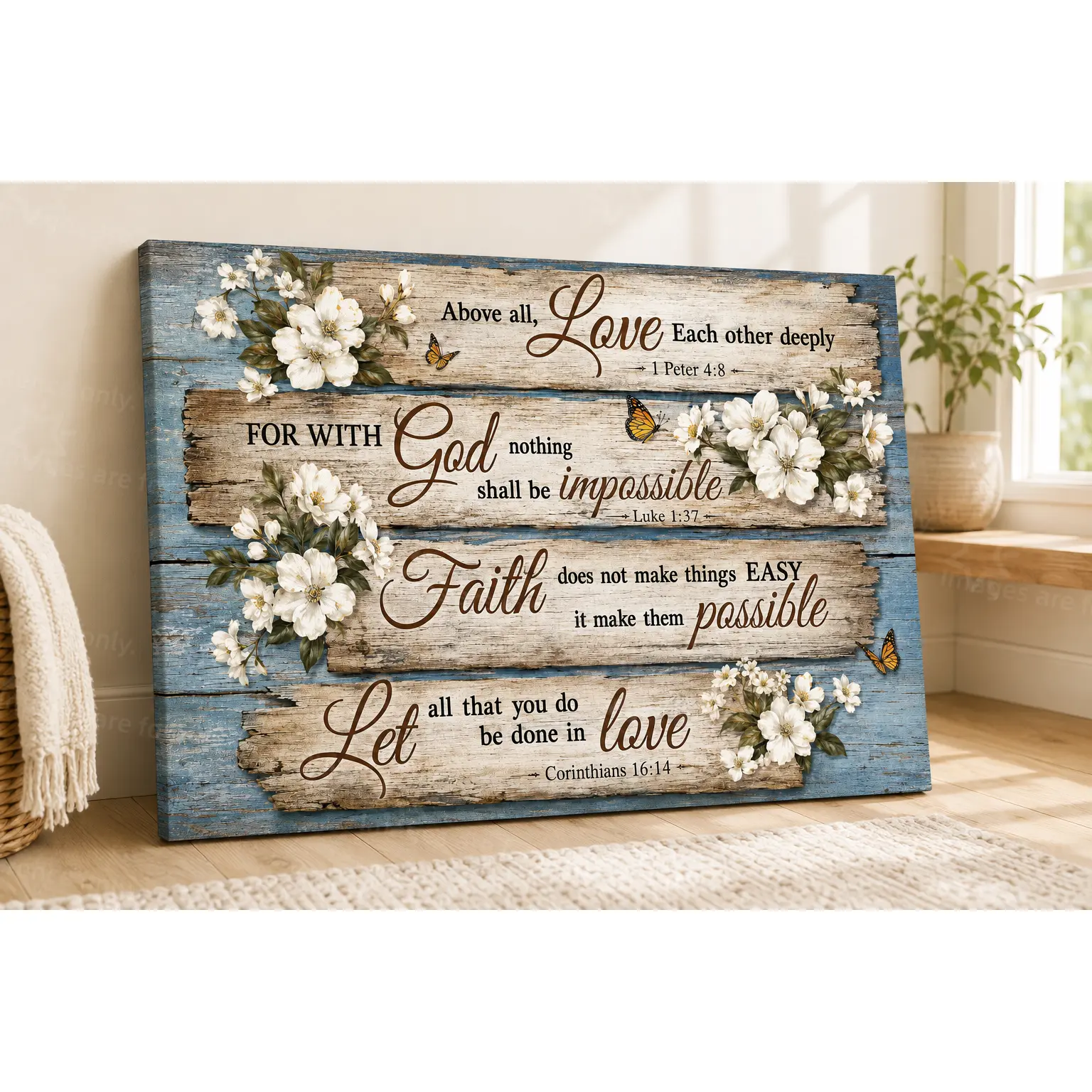 Faith Scripture Faithful Quotes Poster, Decorative Rustic Blue Wood Floral Butterflies Hanging Wall Decor, Gift for Living Room, Farmhouse Home