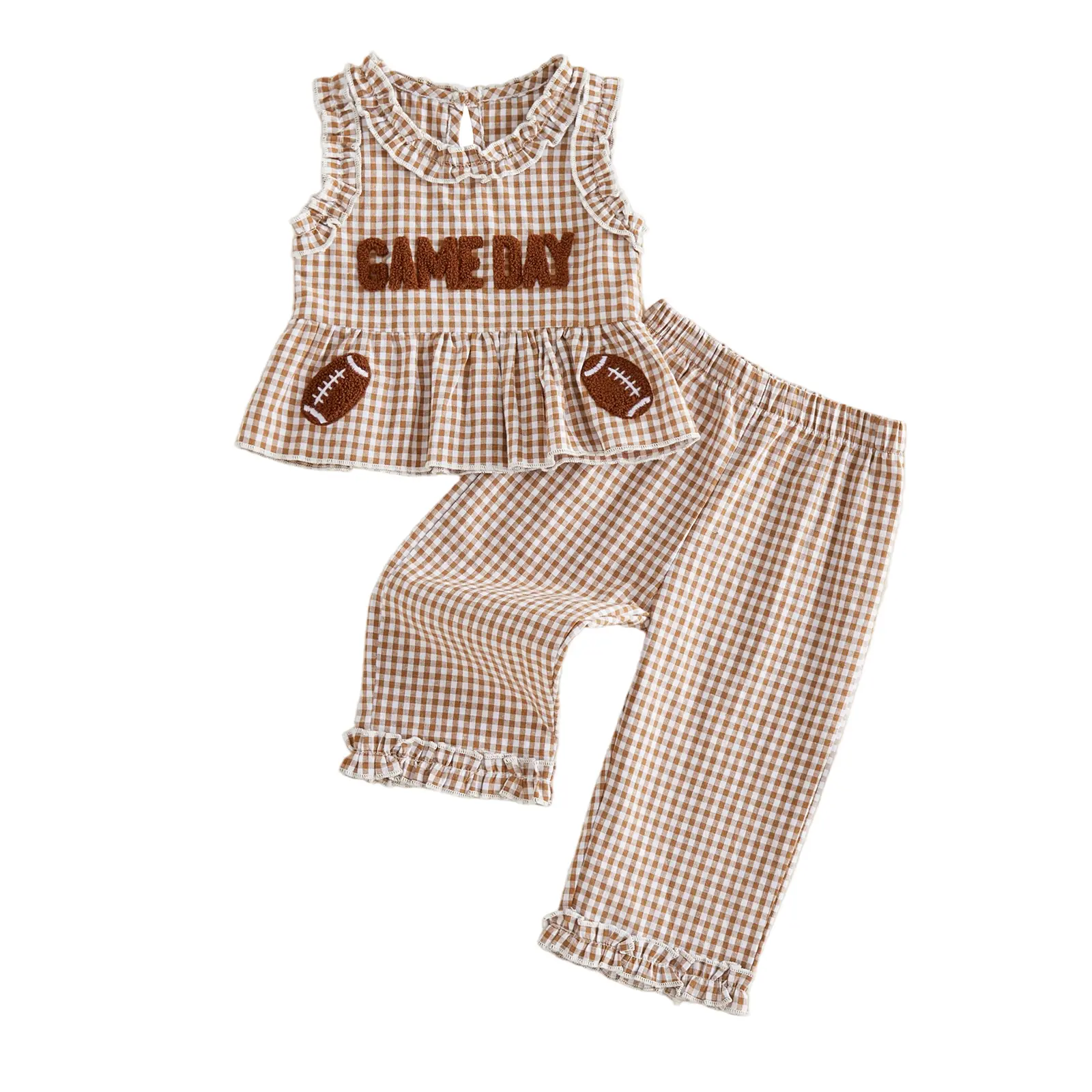 Toddler Baby Little Girls Summer Outfits Sleeveless Letters Football Embroidery Peplum Tank Tops and Plaid Pants Set 6M-4T