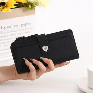 Cross Grain PU Leather Long Wallet, Heart Metal Snap Flap Multi Card ID Coin Purse with Stretch Pull Tab for Women Daily Gift