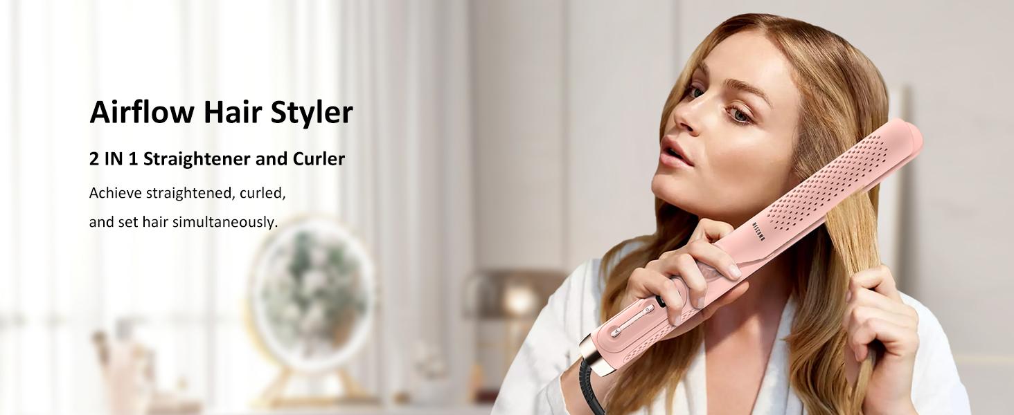 360°     Airflow Styler – 1 Inch 2-in-1 Hair Straightener & Curler with Vented Cool Air for Style Locking, Extra Long Flat Iron, Dual Voltage for European Travel