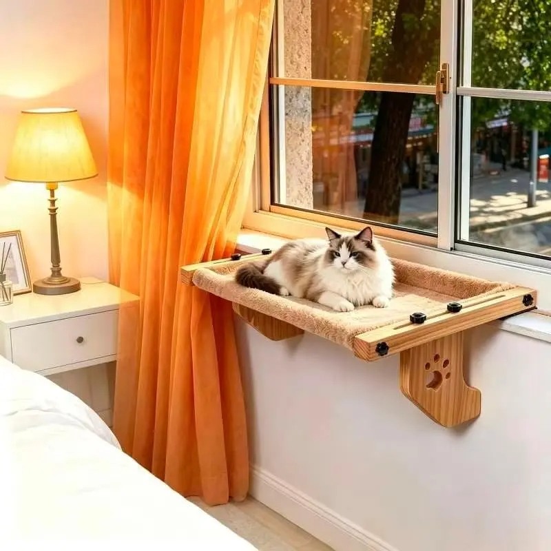 Wooden  Window Bed for Large Cats, Khaki  Window Perch Hammock | Solid  Window Large Perch, Sturdy Large Size Shelves, Soft Thick Removable Cushion, Easy Assemble Adjustable, Hold 40LBS