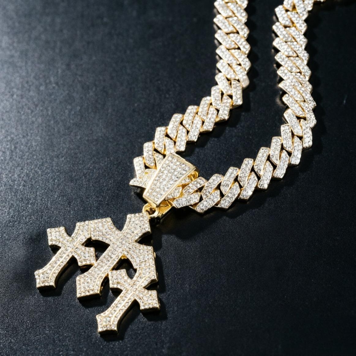 New Men's Iced Out Moissanite Stacked Crosses Pendant Necklace, Hip Hop Jewelry with Exaggeration 14mm Cuban Chain Rhinestone Gift, Luxury Trend