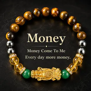 Arpurraina Money Attraction Crystal Bracelet, Feng Shui Pixiu Natural Stone Beaded Bracelet with Citrine, Green Aventurine, Black Obsidian & Tiger Eye for Good Luck Wealth Energy，Success & Protection,Pi Yao, Spiritual Jewelry bracelet men