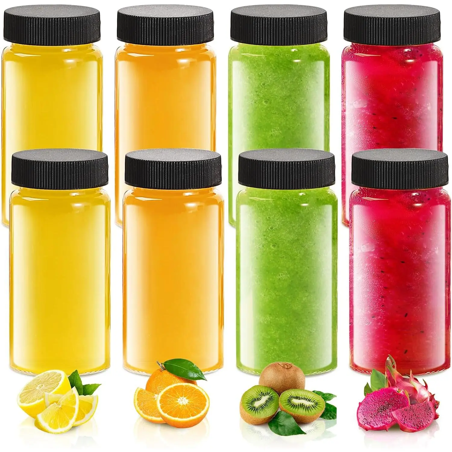 8 Pack 2oz Glass Juice Shot Mini Bottles With Black Caps |  Leakproof Small Clear Jar for Ginger,  Shot, Juice, Sample,  & Travel Essentials, Dishwasher Safe