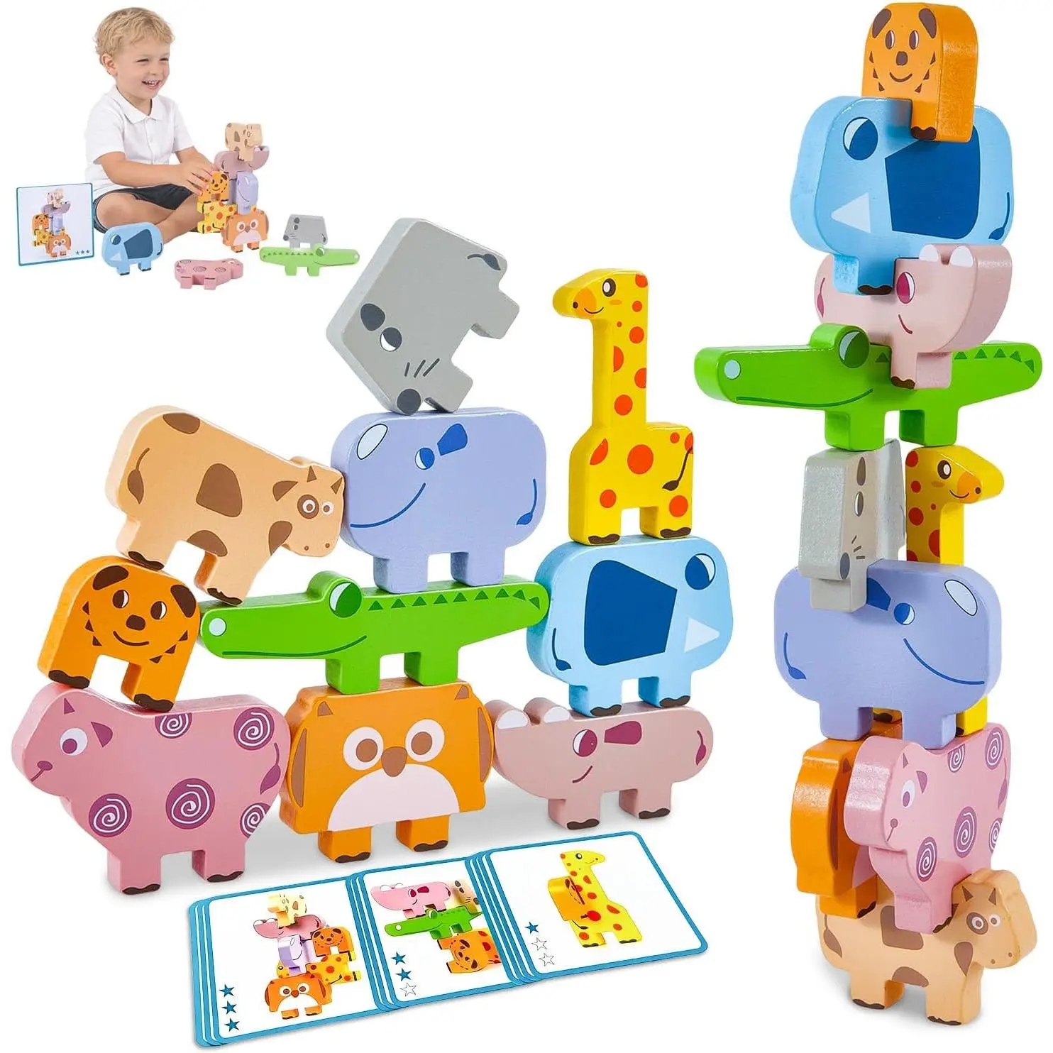 10 PCS Safe CPSIA Wooden Animal Shapes Blocks Pack | Unisex Play Preschool Educational Stacking Set, Sensory Sorting Puzzles for 0-4 Year Old Kids, Baby, Wooden Blocks