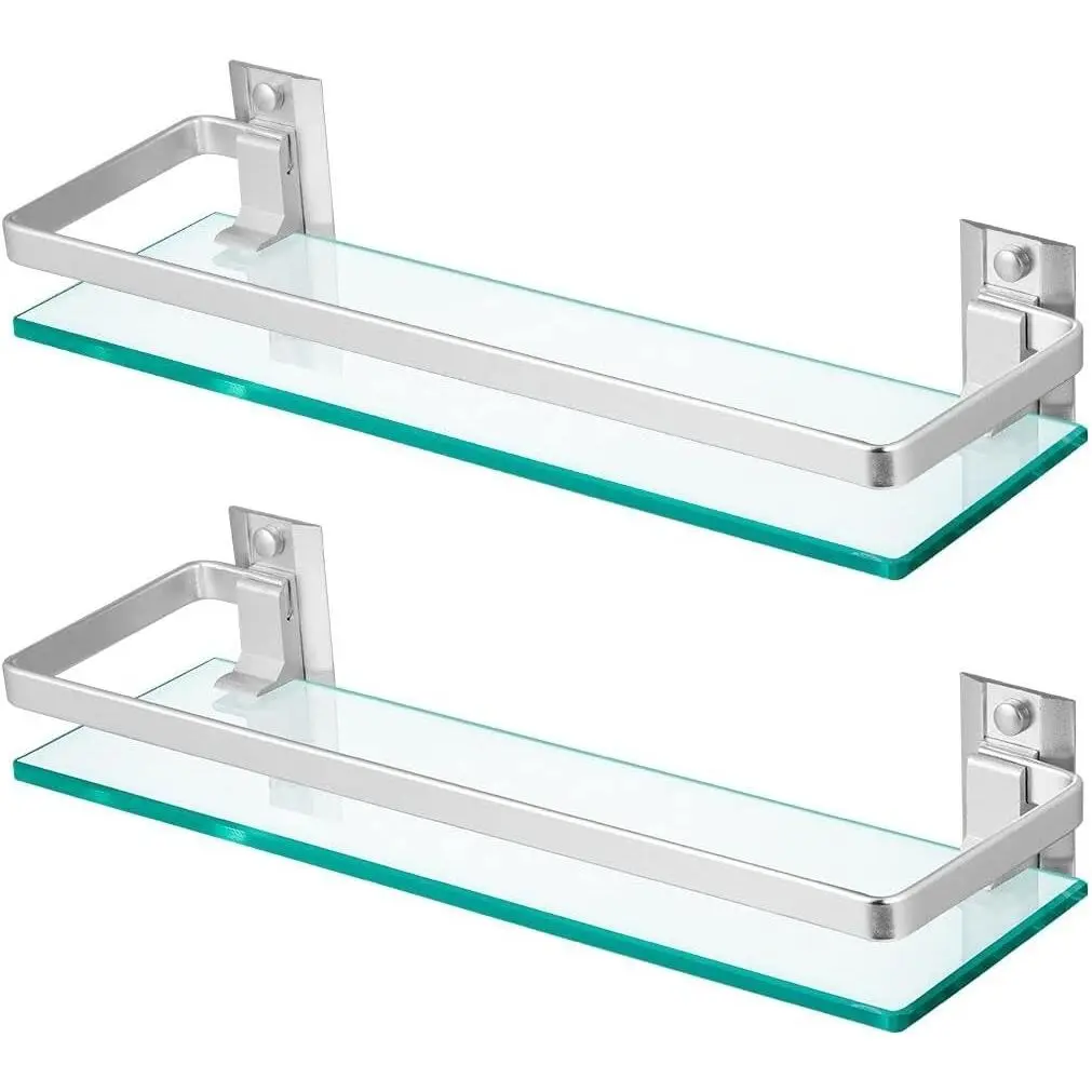 2-Pack Tempered Glass Bathroom Shelf with Rail, 15" x 4.5" Rectangular Shower Caddy, Wall Mounted Floating Shampoo Holder for Lavatory, Kitchen, Living Room