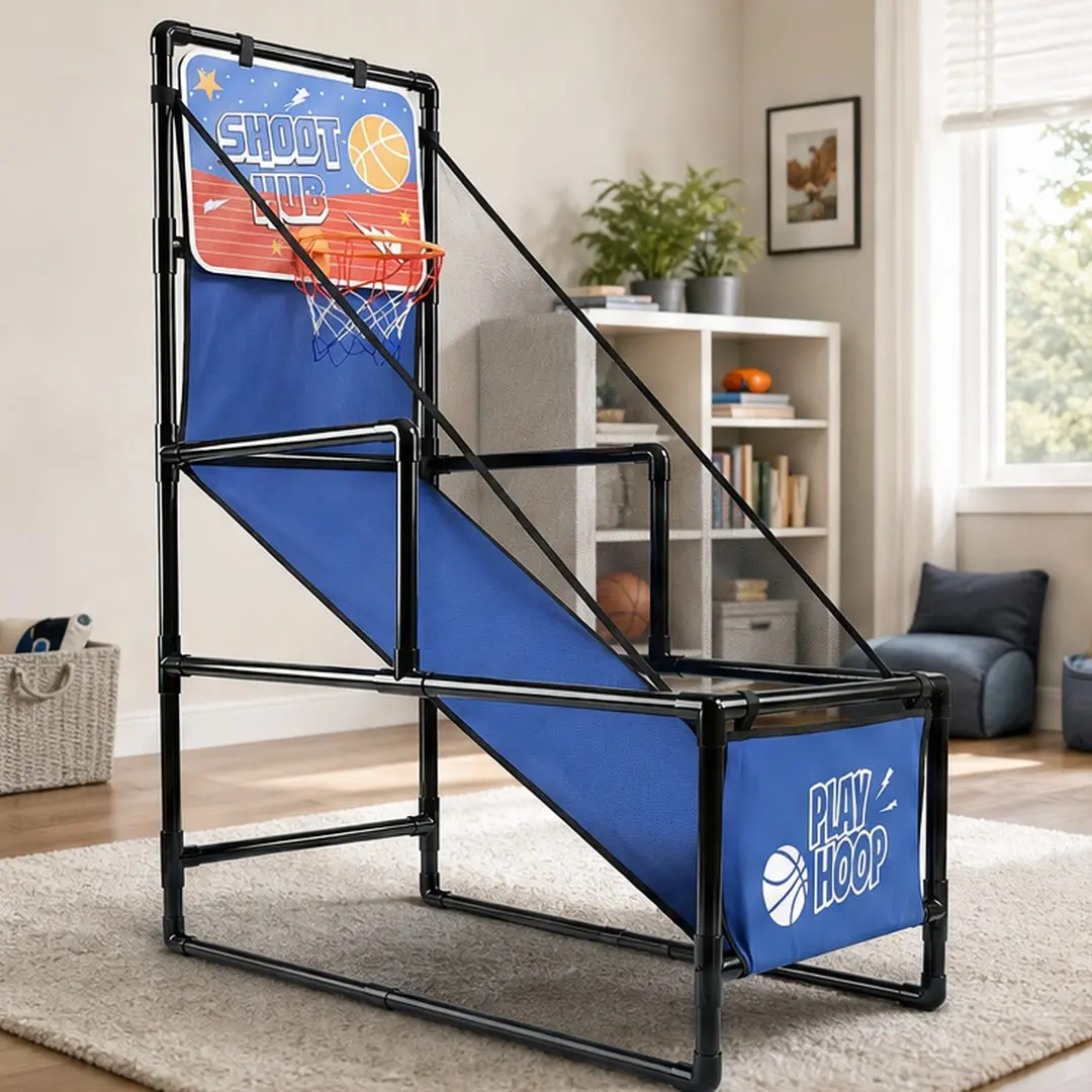 ARCH Kids Durable Single-Shot Basketball Arcade Game - Indoor Foldable ABS Blue Hoop Stand, 2 Balls, Hand Pump, Ball Return Ramp (18.00" w x 35.00" d x 55.00" h, 5.95 lb) for 3-4 Years Toddlers' Playroom Active Play & Children Development