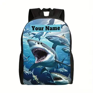 Customizable Shark Print Backpack Durable 600D Oxford Cloth School Bag Adjustable Breathable Strap Large Capacity Fits 15in Laptop for Kids Teens School Travel Outdoor Use