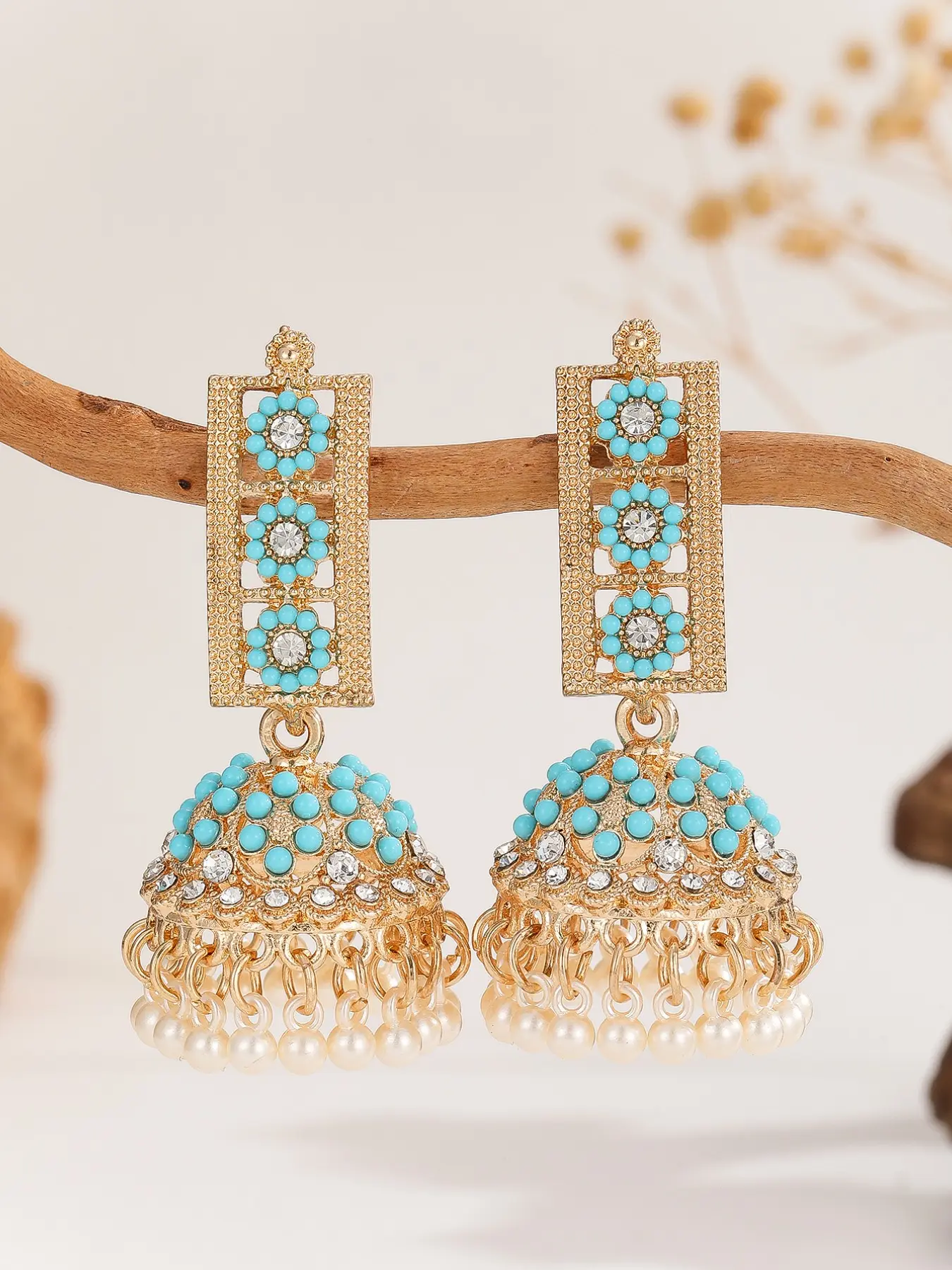 Elegant Jhumka Drop Earrings with Rhinestones and Pearl-Like Beads, Boho Fringe Design, Perfect for Daily Wear, Parties, Weddings