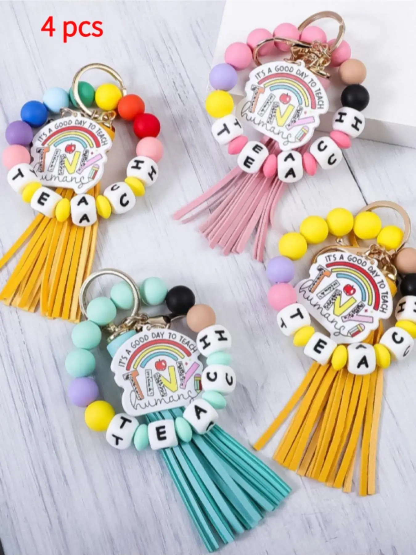 Silicone Beaded Bracelet Keychain Wristband for Teachers, Letter Bead Key Ring with Tassel & Acrylic Rainbow Pendant, Portable Key Accessories for Car Purse Bag, Teacher Appreciation Thank You Gift