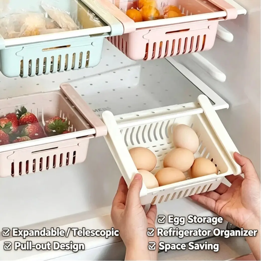 Expandable Fridge Storage Basket, Pull-out Refrigerator Organizer Drawer, Multifunctional Egg Storage Container, Household Fridge Organizer Bin for Vegetables Fruits Kitchen Storage