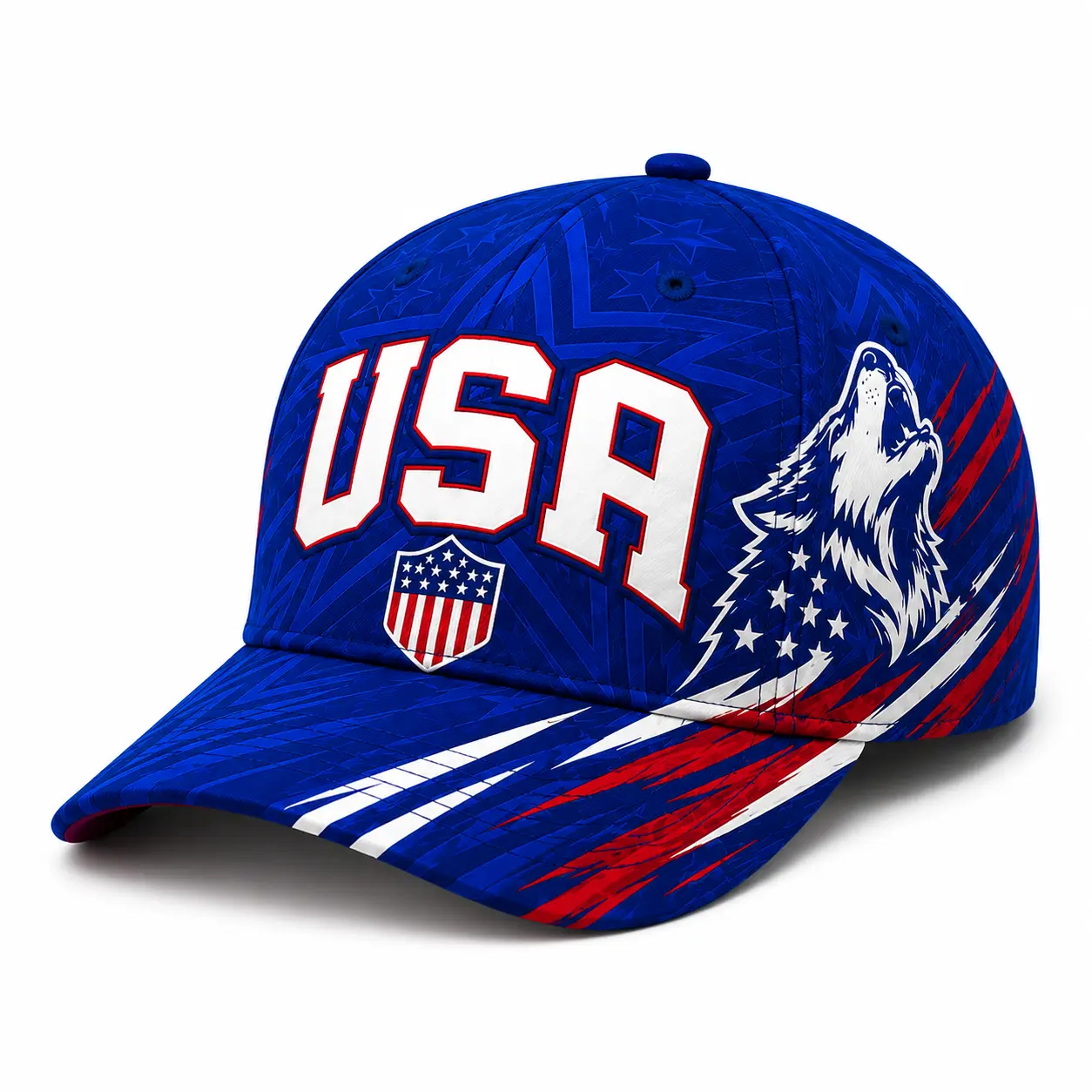 USA Wolf Graphic 6-Panel Crown Baseball Cap - Adjustable Snapback, Patriotic Curved Brim, Breathable Side Eyelets, Unisex Blue Sports Outdoor Daily Hat for 4th of July Outfits, Sooners Baseball, Stylish Golf, Raptor Printed Design, Official Soccer Support