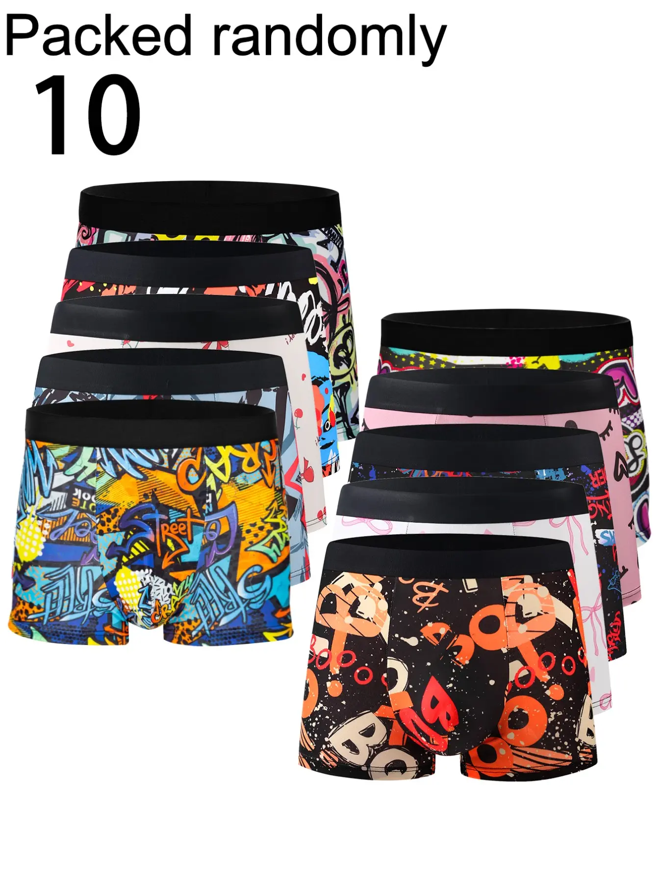 10-Pack Street Graffiti Letter Print Men's Boxer Briefs, Wide Waistband High Elasticity, Trendy Youth Casual Trunks, Geometric Pattern Mix