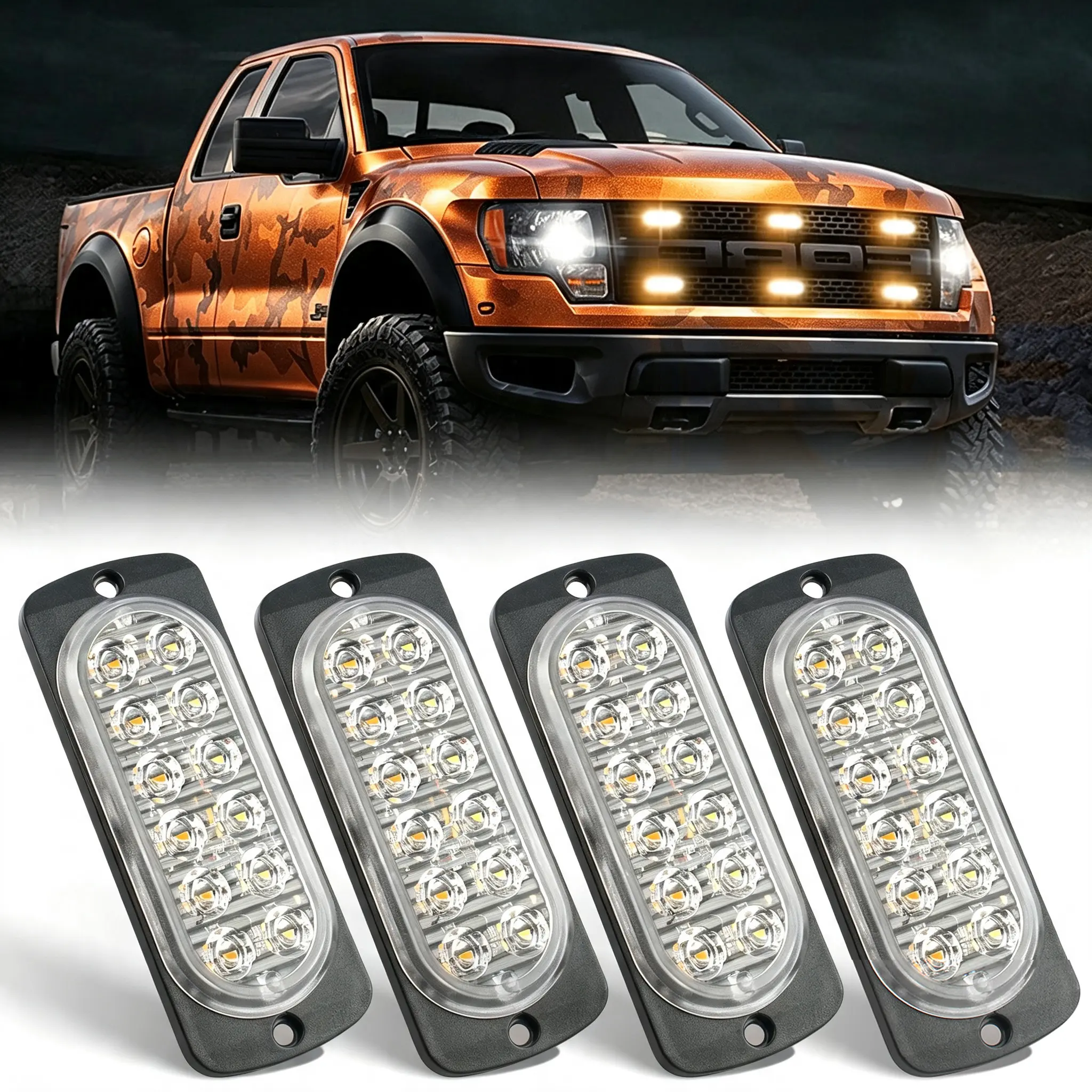 4 Pack 12 LED White & Amber Strobe Emergency Lights, Surface Mount Flashing Warning Light, IP67 Waterproof, 12V 24V Universal Fit for Pickup, Truck, Van, Off-Road Vehicle