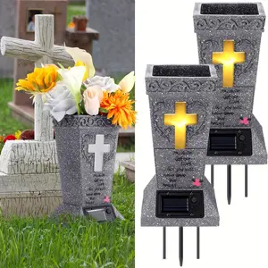 1pc Solar Powered LED Cemetery Vase, Headstones Vases With Detachable Spike, Easy To Install, Durable Memorial Gravestone Decoration For Fresh Or Artificial Flowers, Perfect Memorial Gift For Your Lost Love