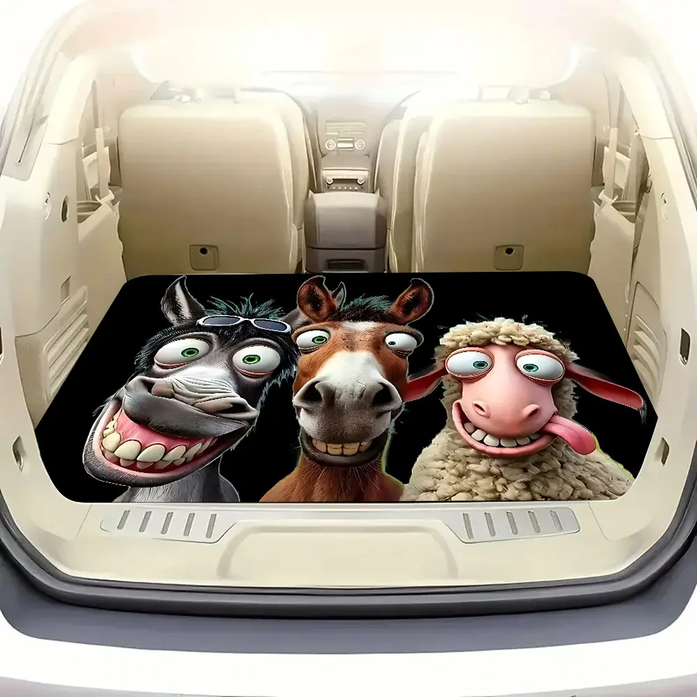Cartoon Trio-Print Car Cargo Mat - 2D Flat Donkey, Horse, Sheep Design, Soft Matting, Durable, Machine Washable, Pet Travel & Outdoor Camping Use, Automotive Interior Accessory
