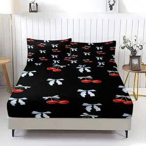 Cherry print pattern bed sheet, including 1 bed sheet and 2 pillowcases, anti slip dust cover suitable for bedrooms and guest rooms, suitable for personal use or gift giving
