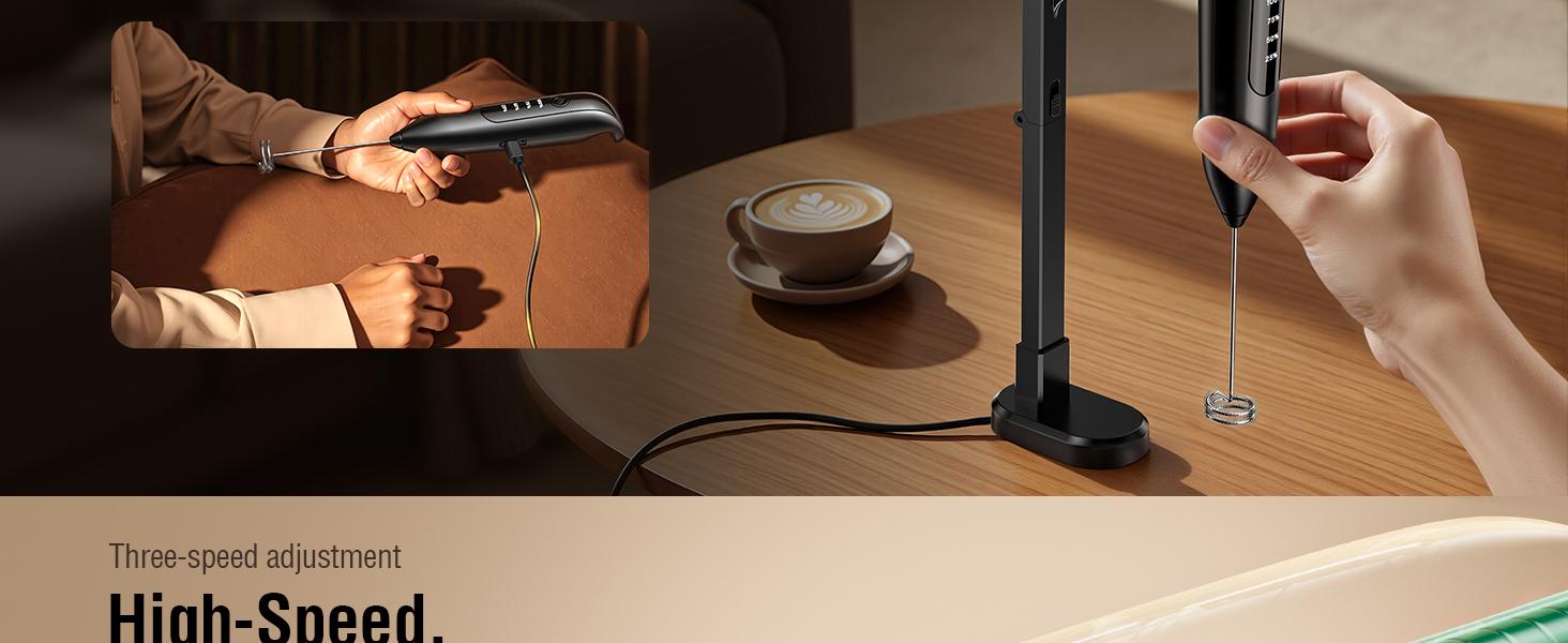 Electric Milk Frother Handheld: coffee frother rechargeable 3 in 1 - LED Display, Wireless Charging - 3 Speeds, Stainless Steel Whisk for Latte, Cappuccino - Bright Grey