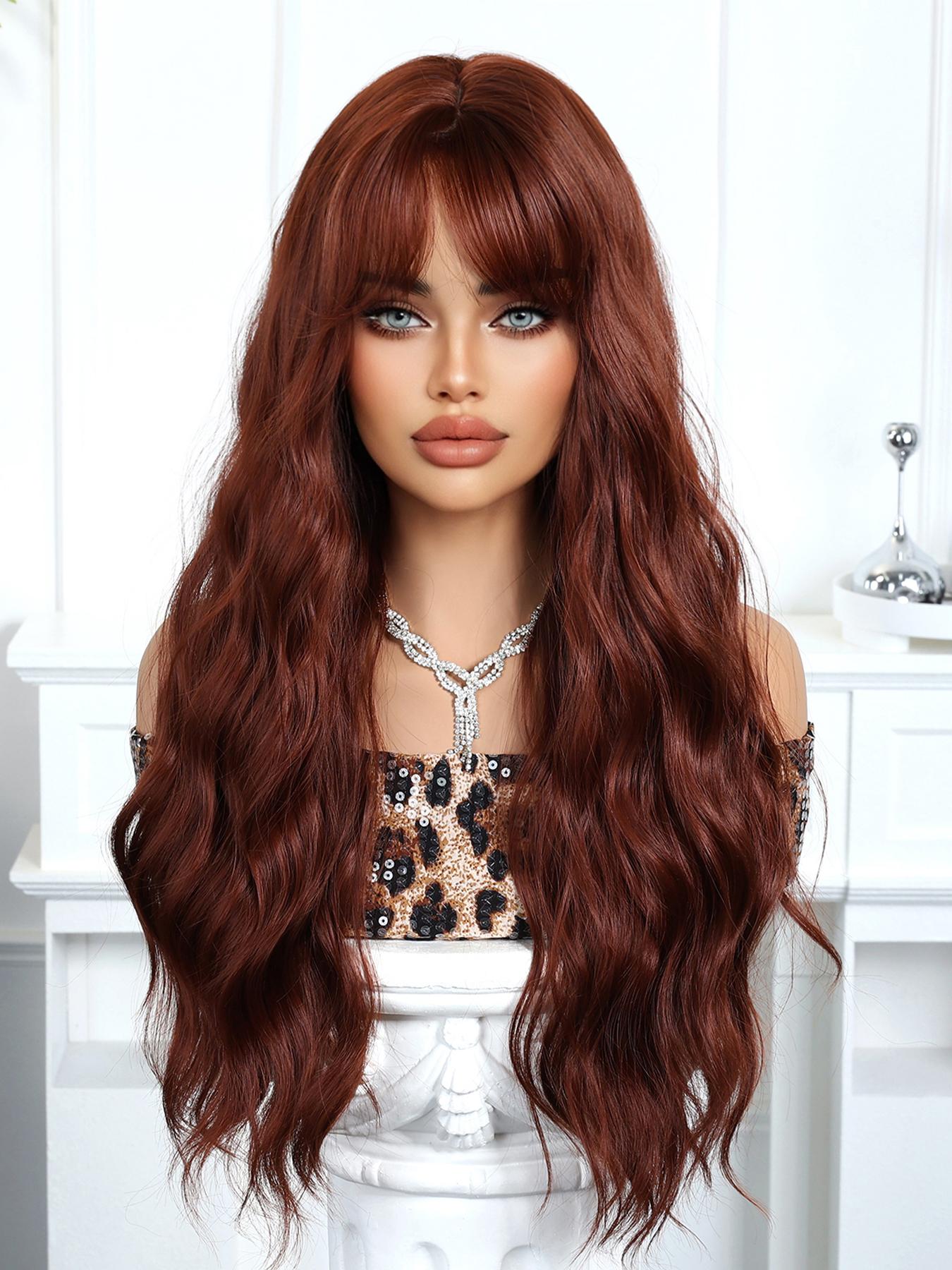 Long Wavy Wig with Bangs, 26 Inch Synthetic Fiber Wig for Women and Girls, Perfect for Daily Wear, Parties, Cosplay and Music Festivals, Curly Wigs