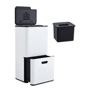16 Gallon Dual Trash Can, 2 Compartment Stainless Steel Garbage Can with Compost Bin, Plastic Inner Bucket & Odor Control, 33L + 27L Kitchen Recycling Bin Combo for Home Office,White