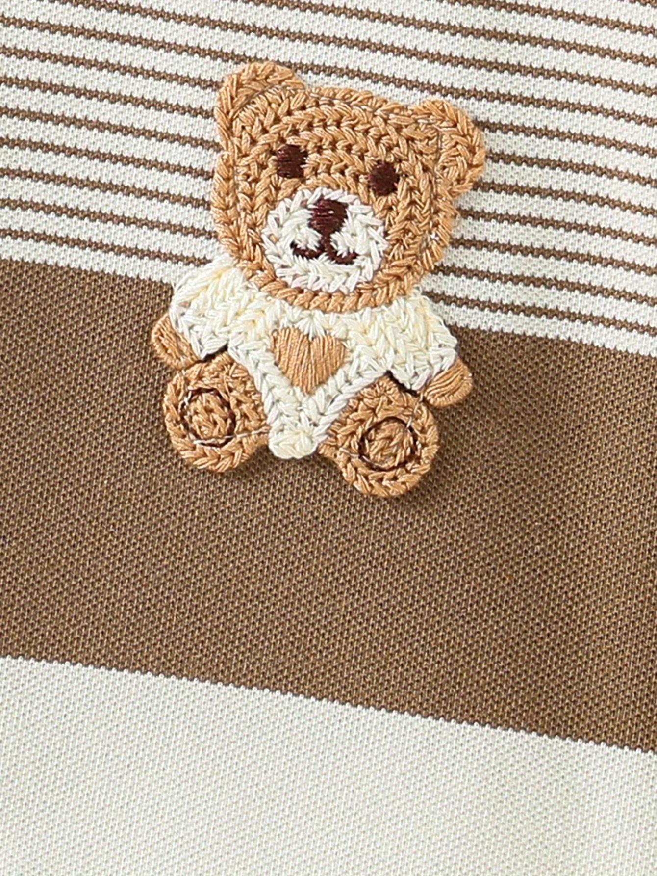 2pcs Summer Casual Baby Outfit - Brown & White Striped Shorts Set with Cute Bear Patch, Comfortable Stretch Fabric for Outdoor Play and Daily Wear, Everyday Baby Clothes |     Playful Bear Design |     Comfortable Fit, Baby Clothes