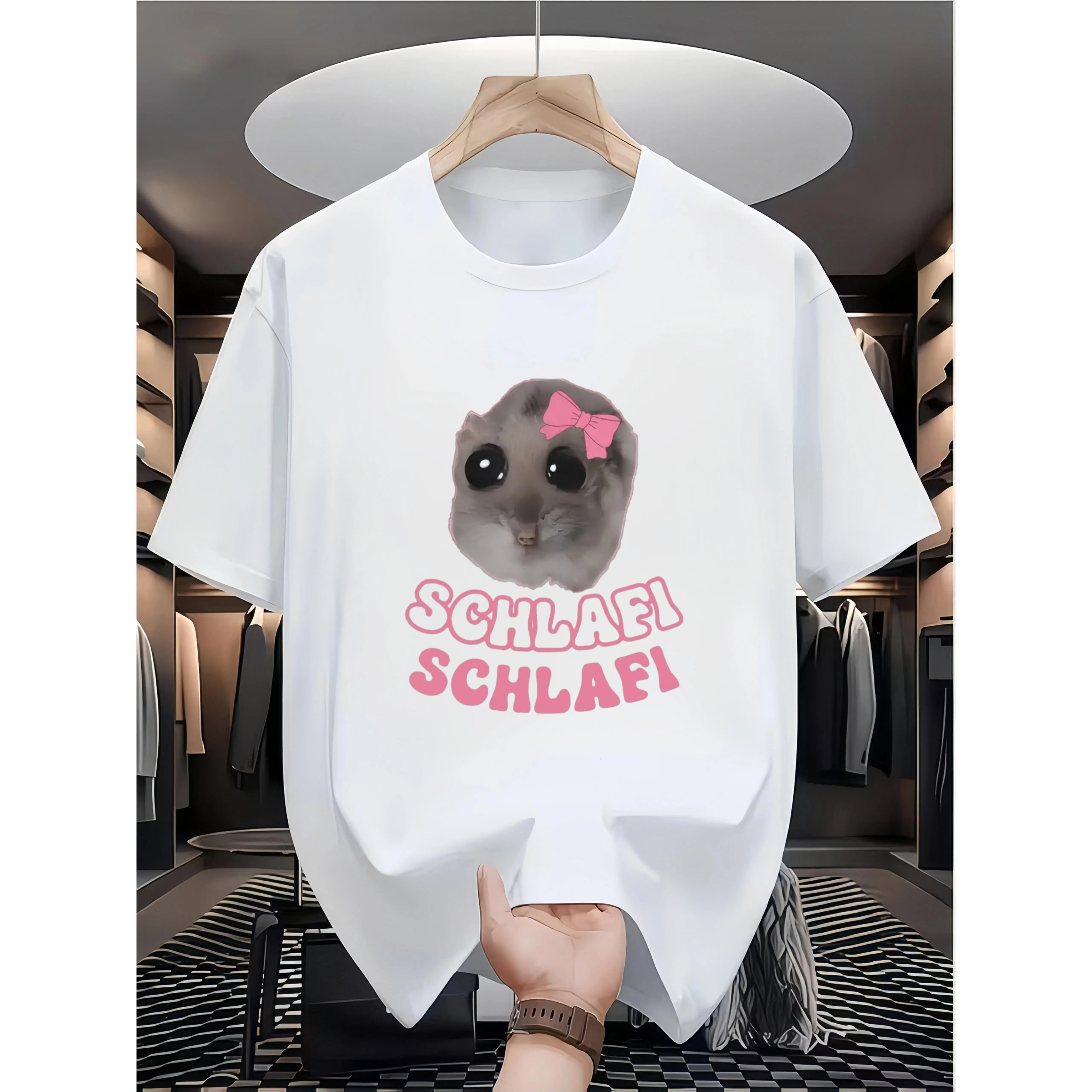 Men' & Women' Suitable for Sleeping Hamster T-Shirt - Pink Bow & Sleepy Eyes Anime Hamster Print Short Sleeve Crew Neck Shirt, Casual Summer Daily Wear, Gym Tee, Machine Washable Unisex Top for Hamster Lovers Gift