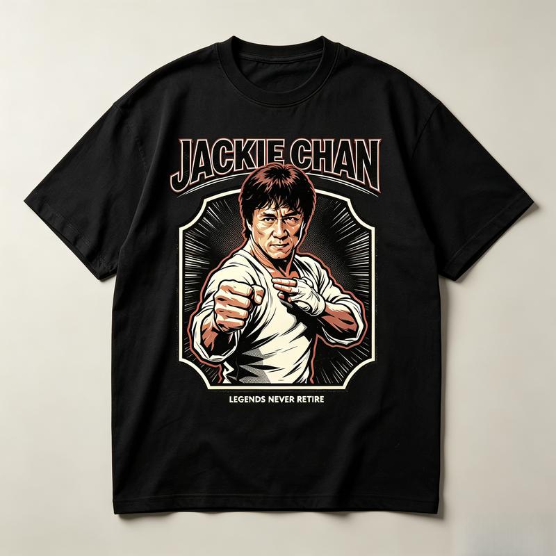 Men's Vintage Jackie Chan Graphic Kung Fu Streetwear Clothing Sports Top - Short-Sleeve Round Neck, Bold Retro Comic Print, Soft Cotton, Loose Street Fit, Black & White, S-5XL, Legends Never Retire Fan Gift