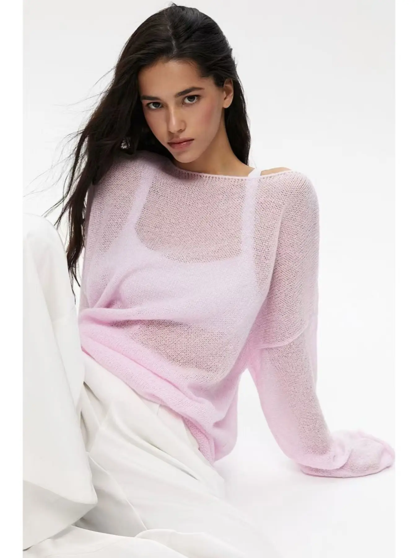Women Sheer Knit Sweater Top, Boat Neck off Shoulder, Oversized Long Sleeve, Loose Fit, Open Knit, See Through, Casual Layering Top