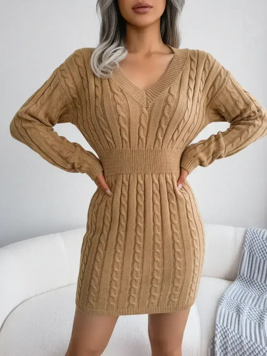 Women's Cable Knit Fitted Sweater Dress With V Neck, Casual Drop Shoulder Style for Fall & Winter Fashion