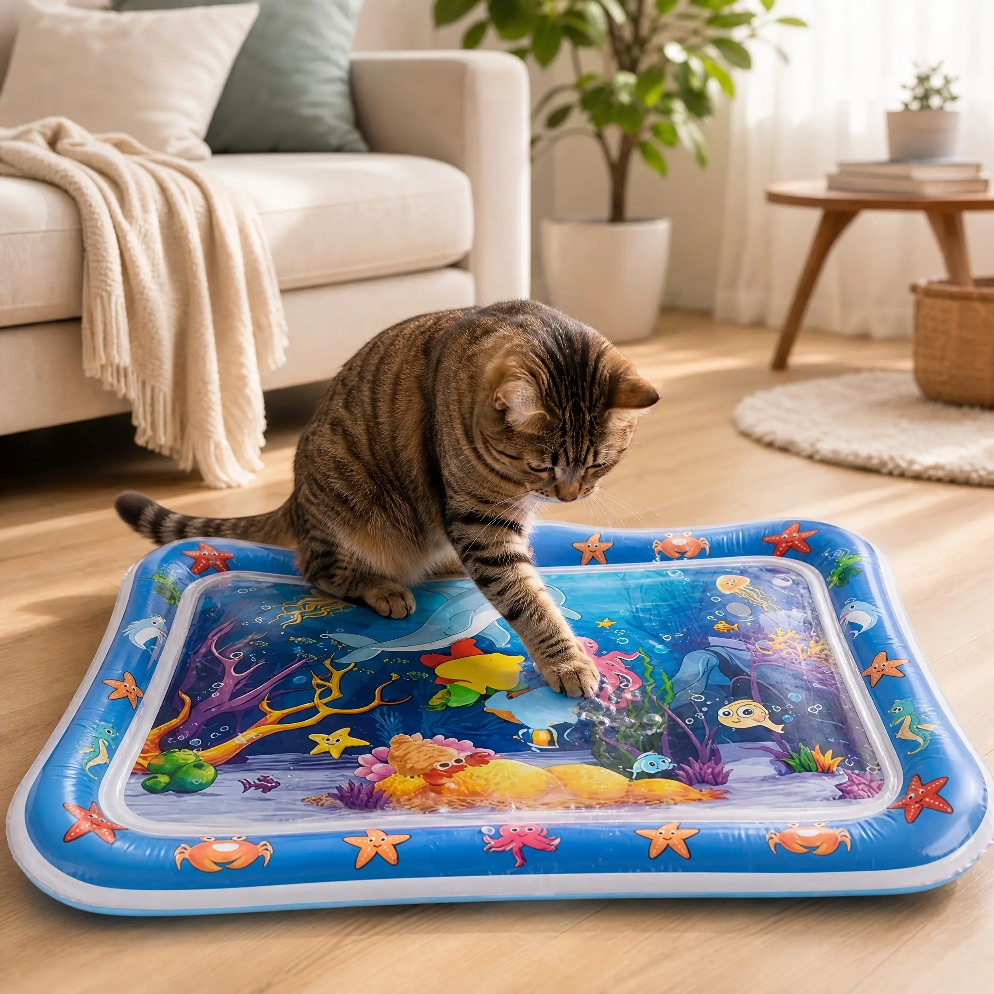Thick Cat Water Play Mat with Fish Design, Durable PVC Interactive Toy, Summer Cooling Indoor Pet Bed for Cats and Kittens