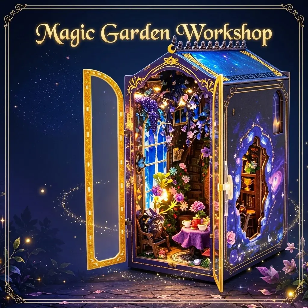 Magic Garden Workshop DIY Book Nook Kit with LED Light, 3D Wooden Puzzle Miniature House, Fantasy Bookshelf Insert Decor, DIY Craft Gift for Adults