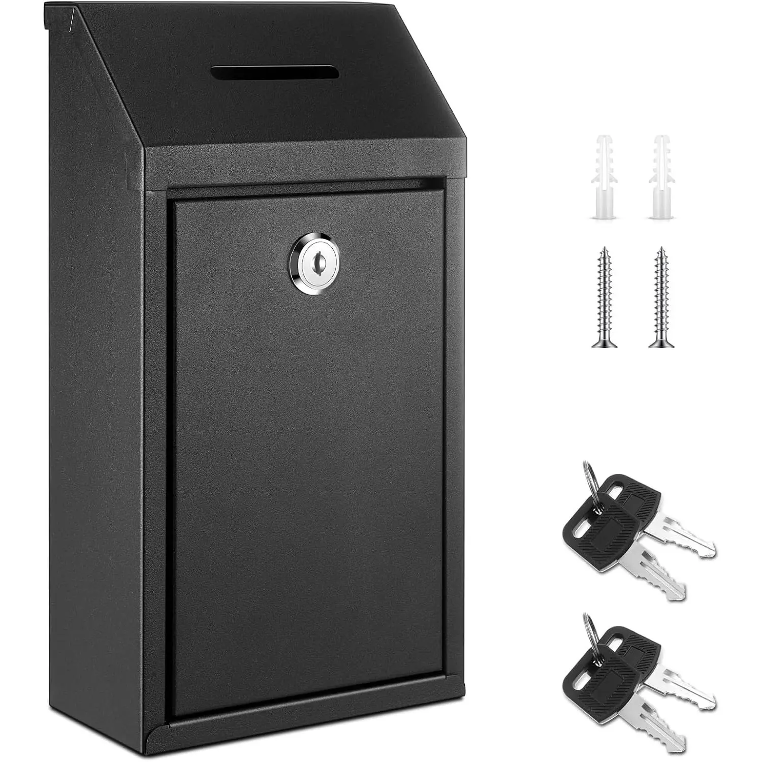 Metal Lockable Donation Cash Box with Key Lock, Confidential Money Drop Container - Nail & Hook Installation, Pre-Punched Hole - Farm Stand, Home Office Outdoor Use (Black, 10.24x5.71x2.95in) Nice Gift