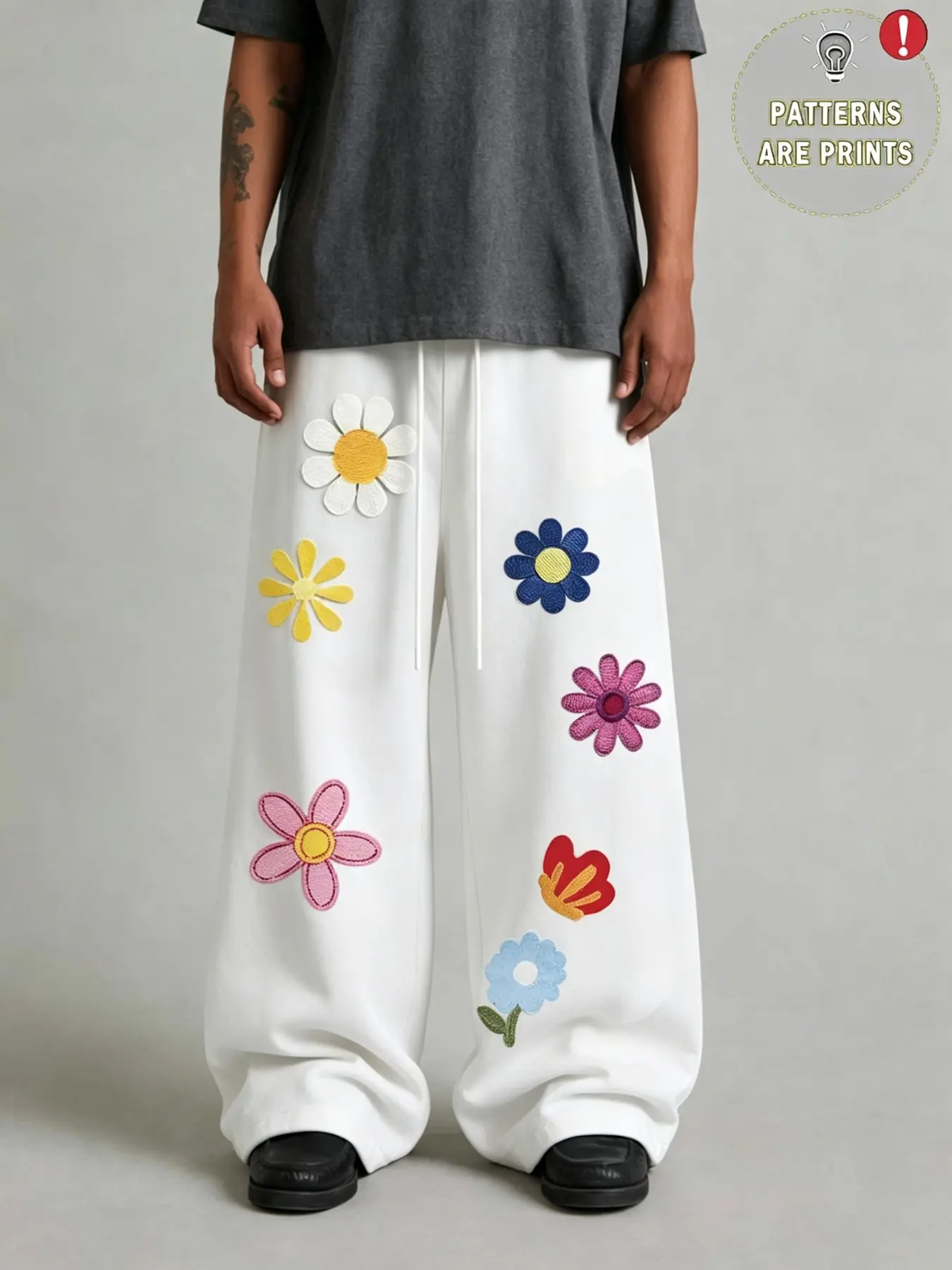 Y2K Hip-Hop Wide-Leg Sweatpants, Knit Elastic Waist, Multicolor Daisy Print, Oversized Drop-Crotch, Music Festival Streetwear