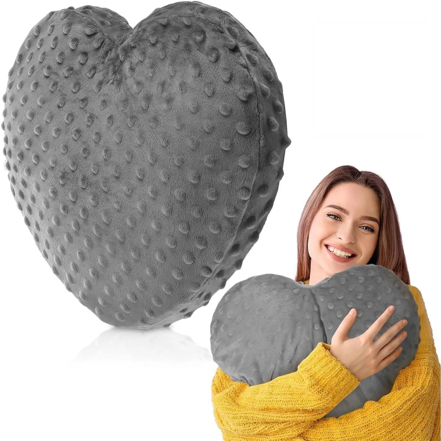 12x12 in Gray Weighted Sensory Pillow, Glass Bead Cooling Cushion, Stress Reliever for Women, Heart-Shaped Calming Hug Pillow for Adult Relaxation & Anxiety Relief Gift