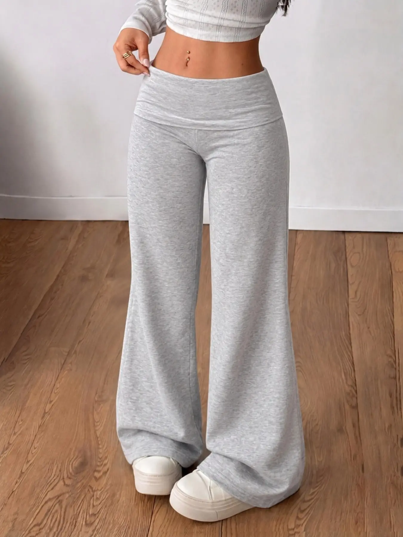 Women Y2K Fold Over Waist Flare Sweatpants, Athleisure Pants, light heather gray stretch fabric, wide foldable waistband with heart and wing print on back, slim flare leg design, soft comfy material, great for loungewear yoga daily hangout