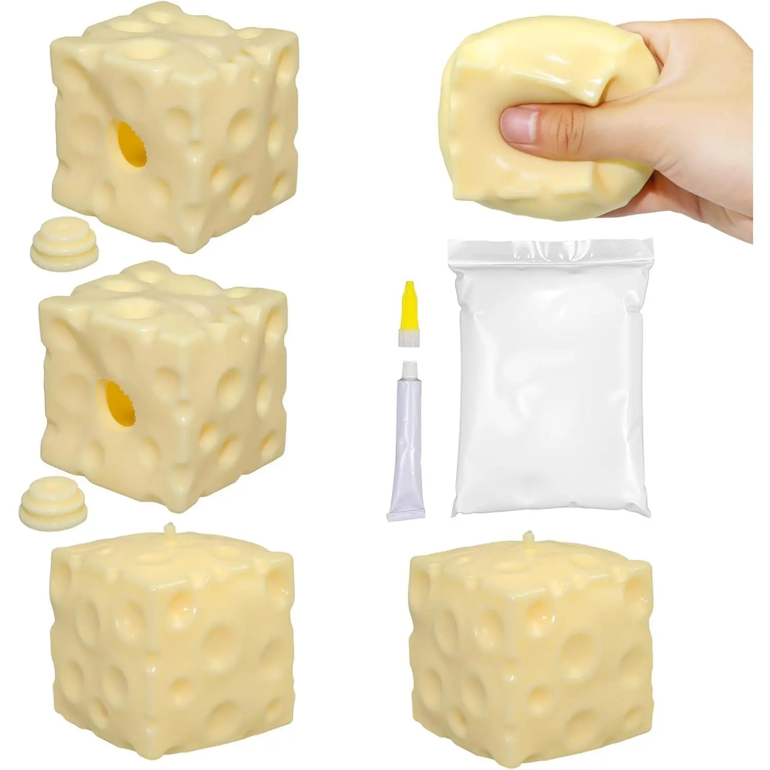 2Pcs Cheese Squishy Skin Stress Ball Making Kit Easy Handmade Sensory Squishy Toys | Includes 2 Cheese-Shaped TPR Skins and 3.5 oz Filler; ASMR Craft Anxiety Relief Slow-Rising Cheese Squishies