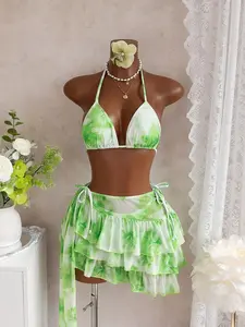 Women's Fashion Split Bikini Three-Piece Swimsuit, Stylish Beachwear for Summer, Comfortable and Trendy Bathing Suit Set, Print Swimwear
