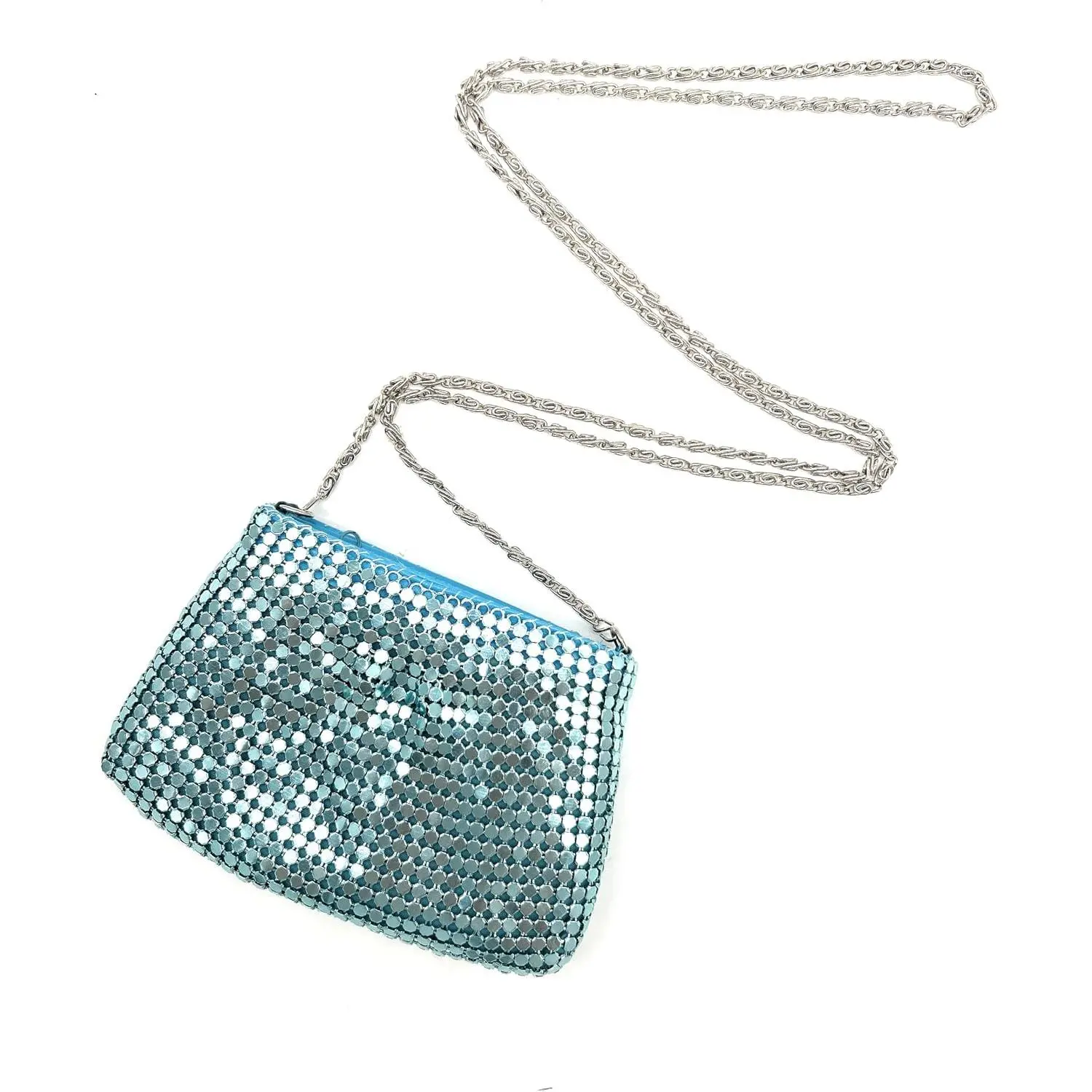 Mini Crossbody Purse for Women – Shiny Metal Mesh  & Card Holder with Chain, Small Evening Pouch Bag (Blue, Mini)