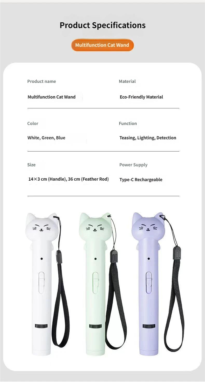 Multi-Function Cat Teaser Wand With Laser & Feather, Rechargeable Interactive Cat Toy With 5 Laser Patterns, Detachable Feather With Bell, Type-C Charging Wand For Indoor Cats, Daily Enrichment Play For Kittens & Adult Cats