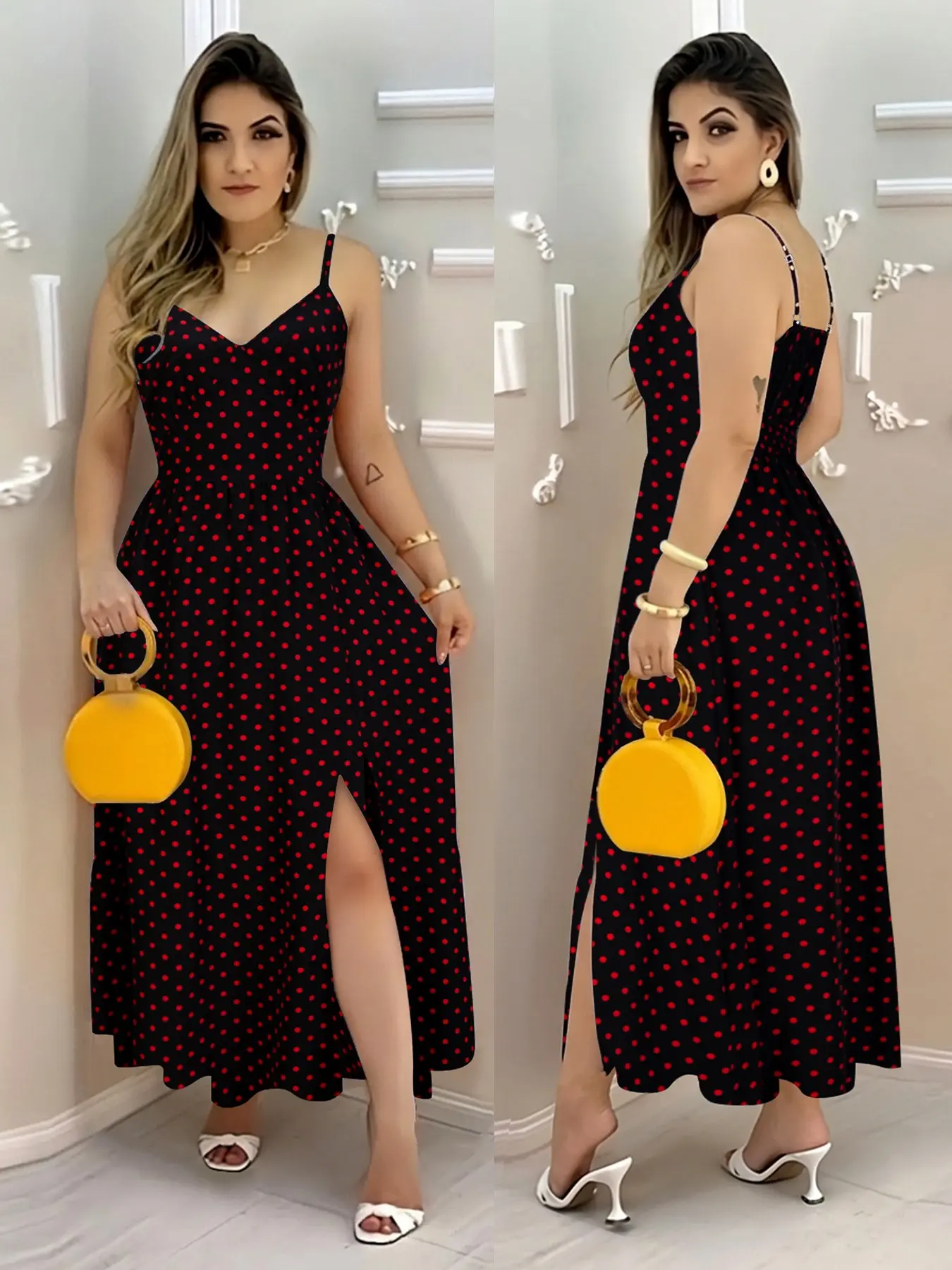 Boho V-Neck Polka Dot Dress, Summer Fashion Women's Strappy Split Midi Dress, Elegant Casual Party Dress, Perfect for Vacation & Outing