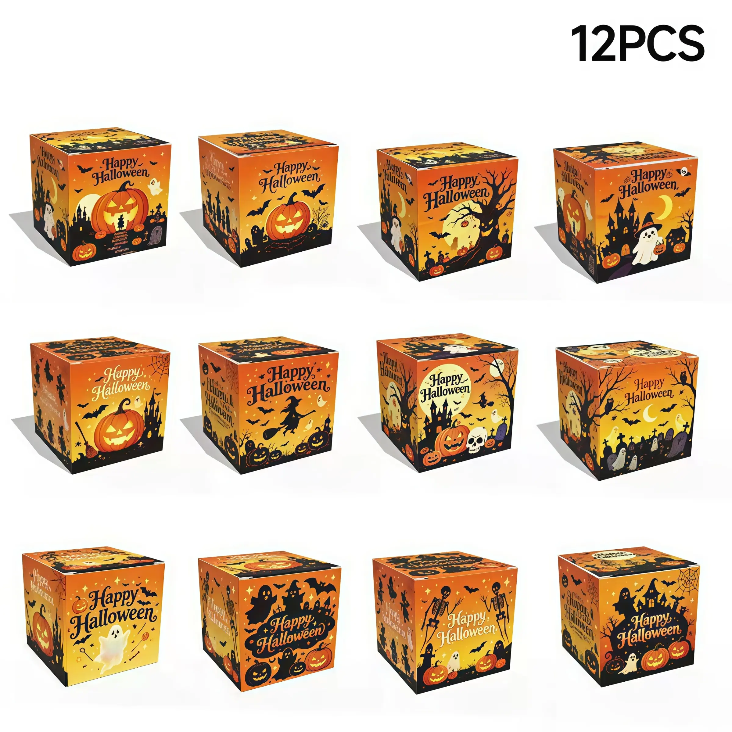 Halloween Candy Boxes 12 Pack, Happy Halloween Trick or Treat Empty Gift Boxes with Pumpkin Ghost Witch Designs, Foldable Party Favor Goodie Boxes for Kids Adults, Candy NOT Included