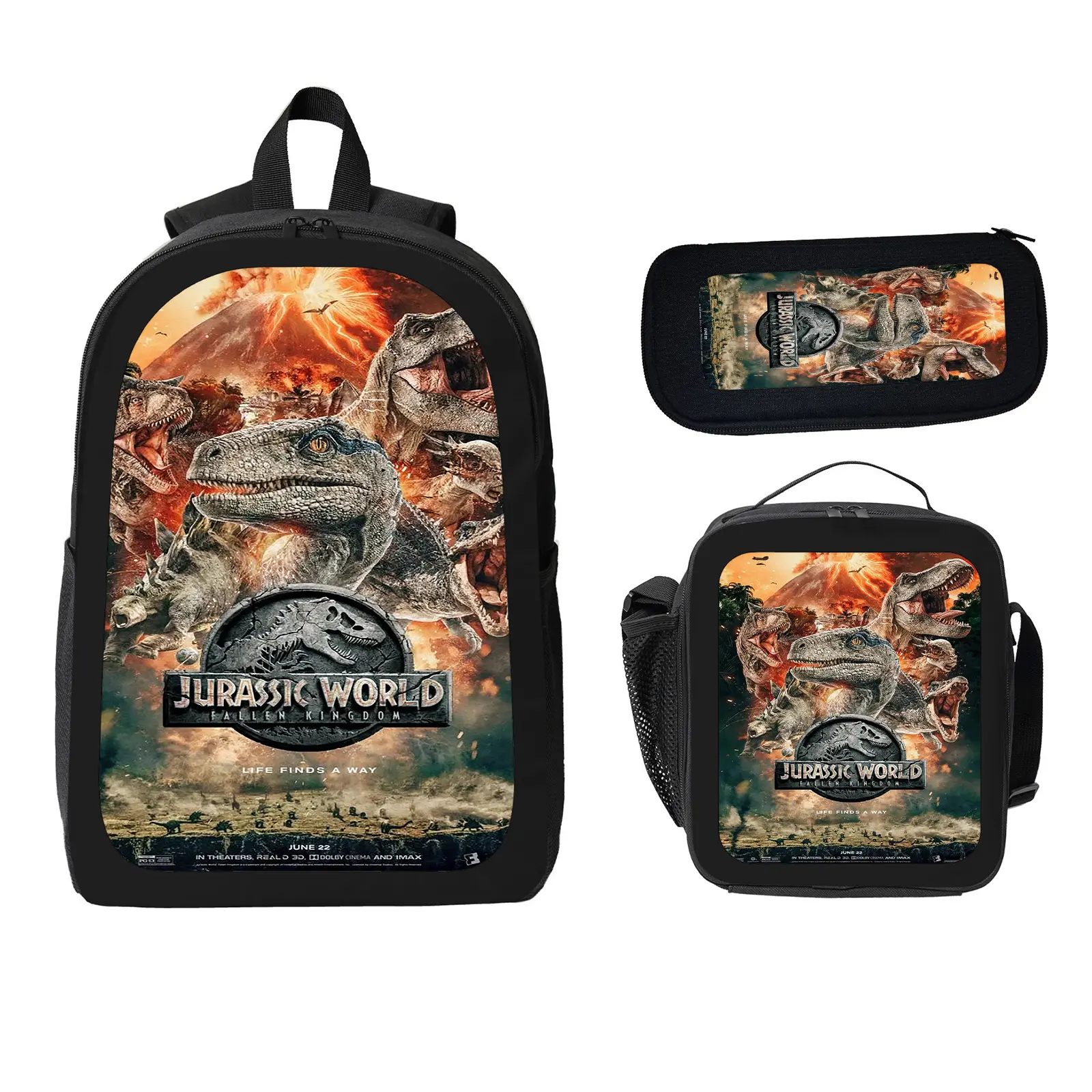 Unisex Jurassic World 3-Piece School Backpack Set Pack for Kids, Large Capacity Water-Resistant Bookbag with Insulated Lunch Bag & Pencil Case, Travel Daypack for Elementary-Middle School d-53