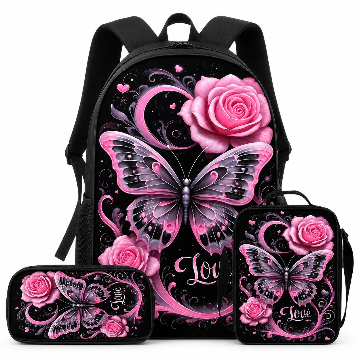 3PCS Kids Backpack Set, Pink Butterfly Rose Print School Backpack with Lunch Bag and Pencil Case, Black Floral Love Graphic Large Capacity Bookbag, Lightweight Travel Bag with Adjustable Shoulder Straps, Back to School Gift for Girls